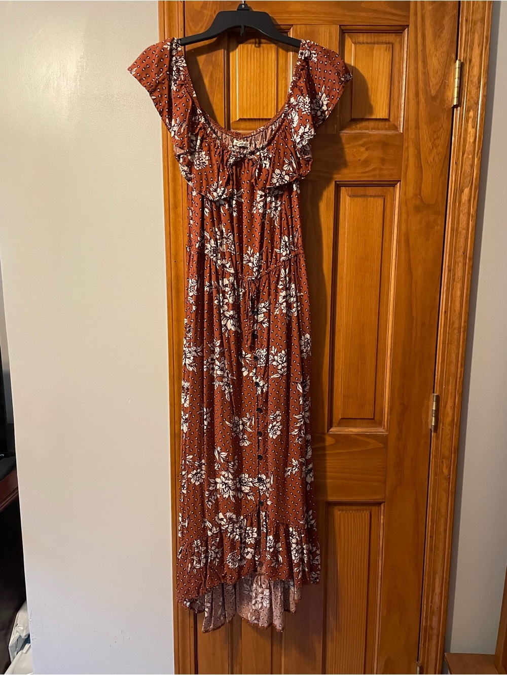 Maurices Rust Floral Maxi Dress with Ruffle Scoop Neck